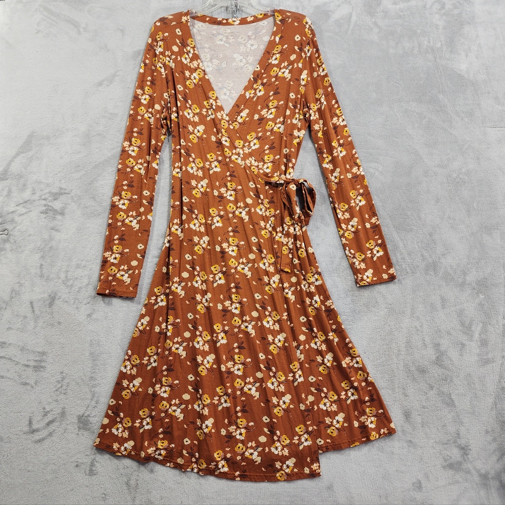 Garnet Hill Dress Womens M Brown Floral Wrap Long Sleeve Tie Waist Jersey Knit